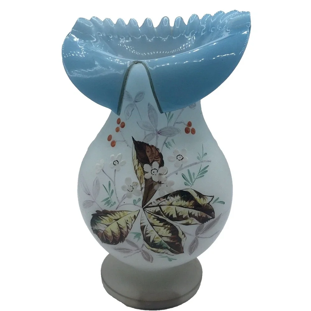 Bristol handblown glass Ruffled Collared Vase hand painted UNIQUE‎
